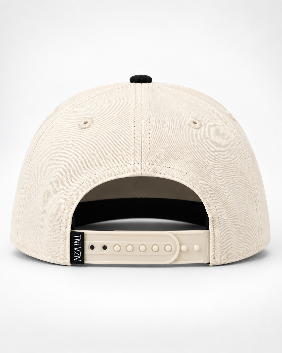 Rear view of the TNLVZN Snapback V1 showing its adjustable beige snap closure