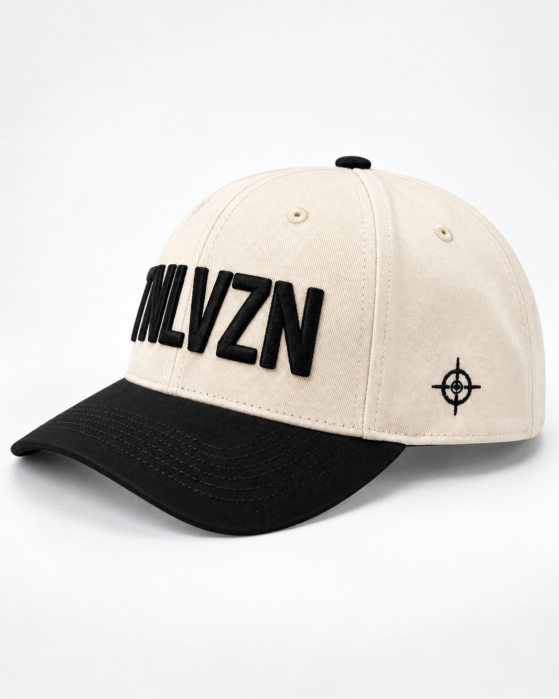 Beige and black TNLVZN Snapback V1 with raised embroidery and crosshair side detail