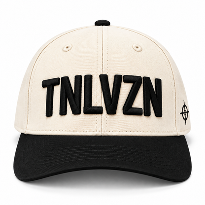 Front view of the TNLVZN Snapback V1 with raised black embroidery on a beige crown