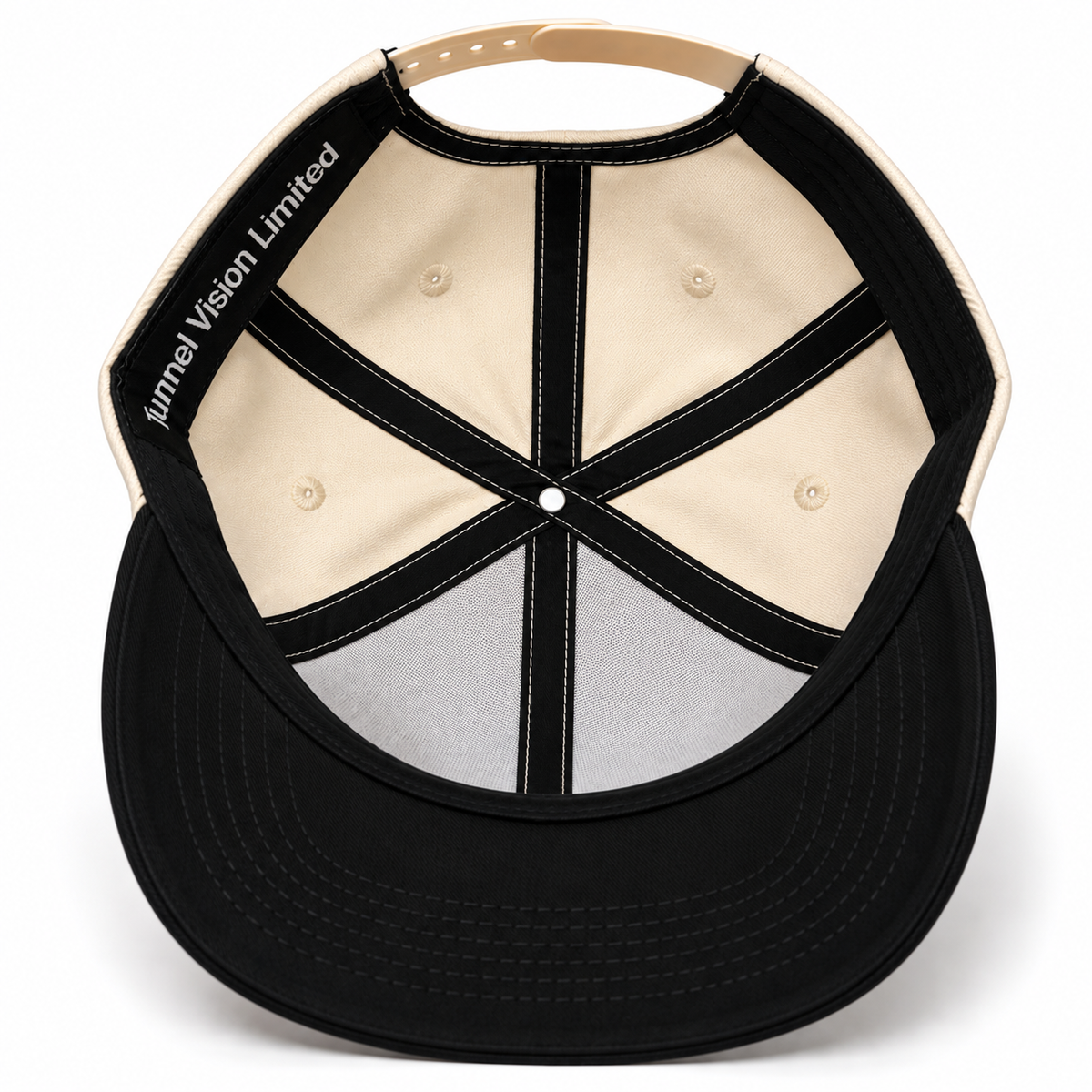 Inside the TNLVZN Snapback V1 showing branded seam detailing and black brim