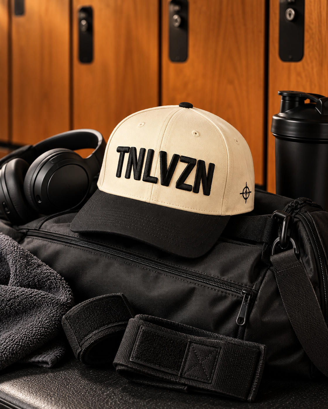 TNLVZN Snapback V1 on a gym bag beside headphones in a locker room
