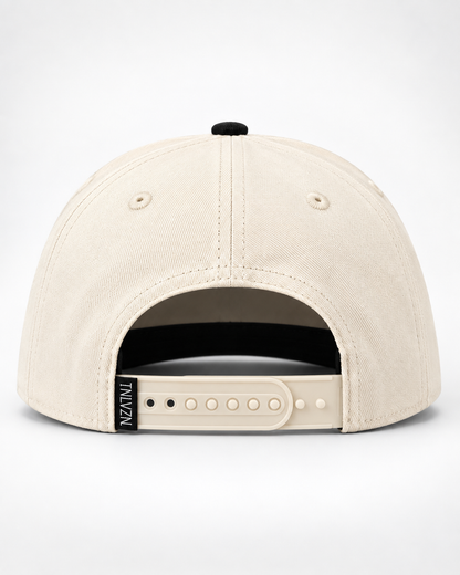 Rear view of the TNLVZN Snapback V1 showing its adjustable beige snap closure