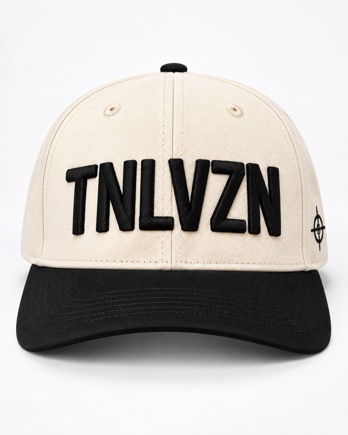 Raised black TNLVZN embroidery on the beige crown